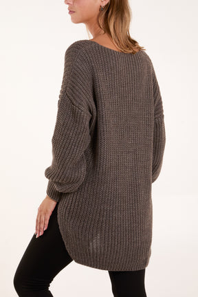 Oversized V-Neck Chunky Knit Dip Hem Jumper