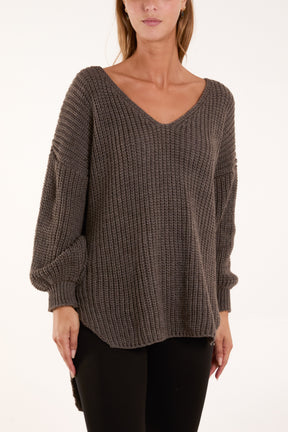 Oversized V-Neck Chunky Knit Dip Hem Jumper