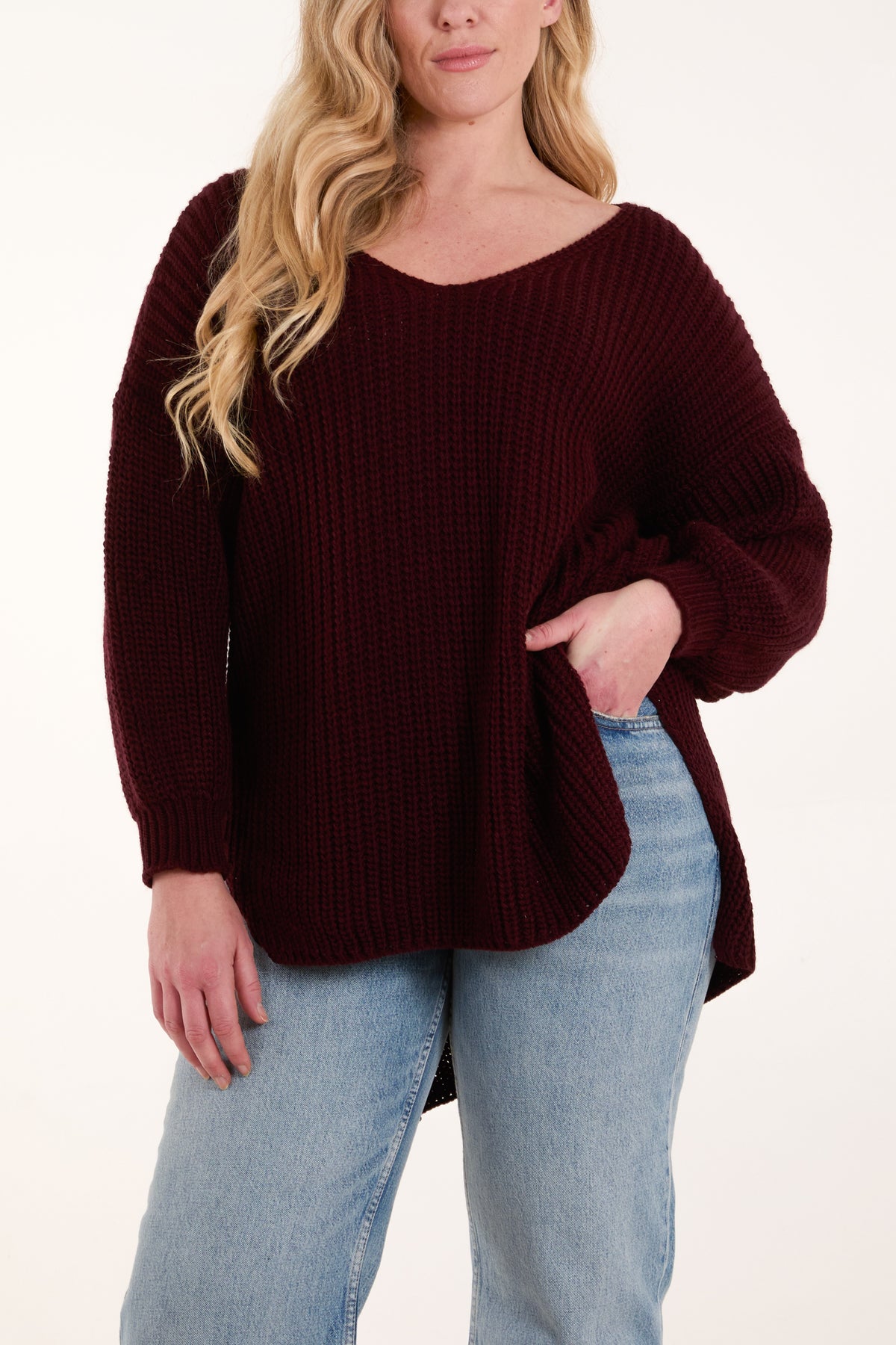 Oversized V-Neck Chunky Knit Dip Hem Jumper