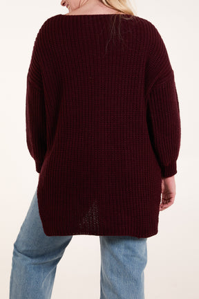 Oversized V-Neck Chunky Knit Dip Hem Jumper