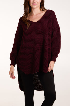 Oversized V-Neck Chunky Knit Dip Hem Jumper