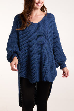 Oversized V-Neck Chunky Knit Dip Hem Jumper