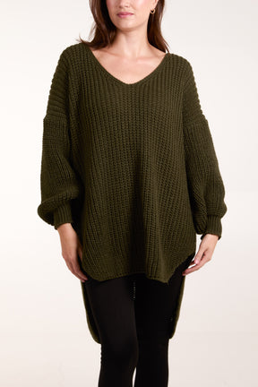 Oversized V-Neck Chunky Knit Dip Hem Jumper