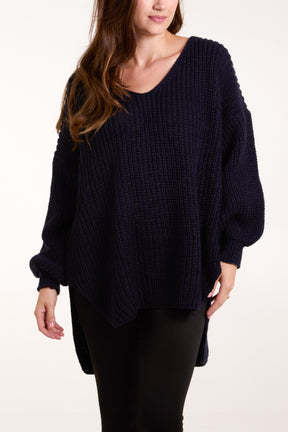 Oversized V-Neck Chunky Knit Dip Hem Jumper