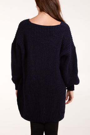 Oversized V-Neck Chunky Knit Dip Hem Jumper