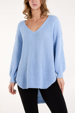 Oversized V-Neck Chunky Knit Dip Hem Jumper