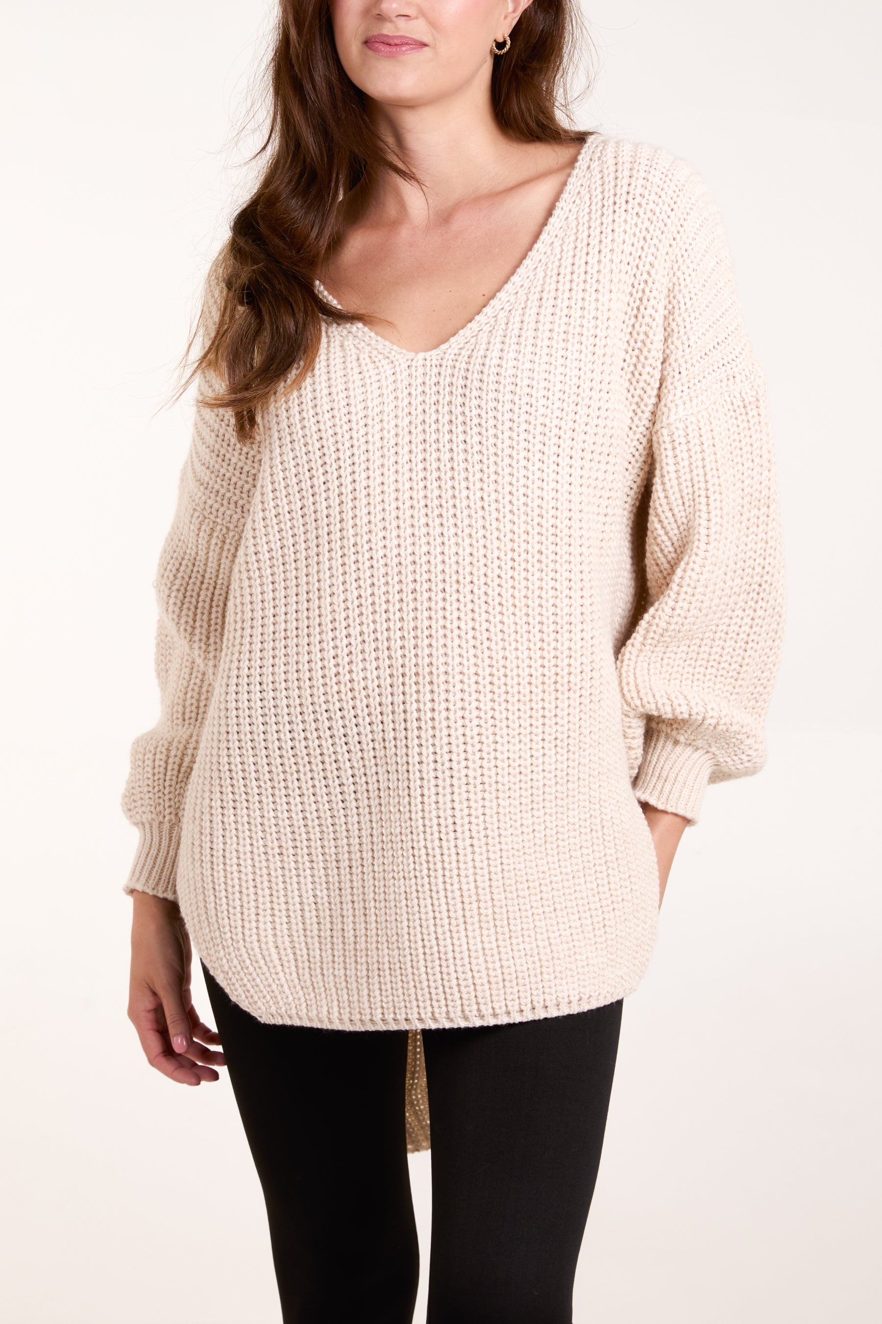 Oversized V-Neck Chunky Knit Dip Hem Jumper