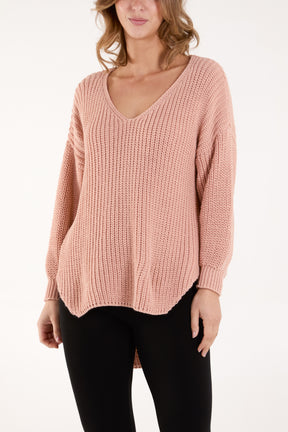 Oversized V-Neck Chunky Knit Dip Hem Jumper