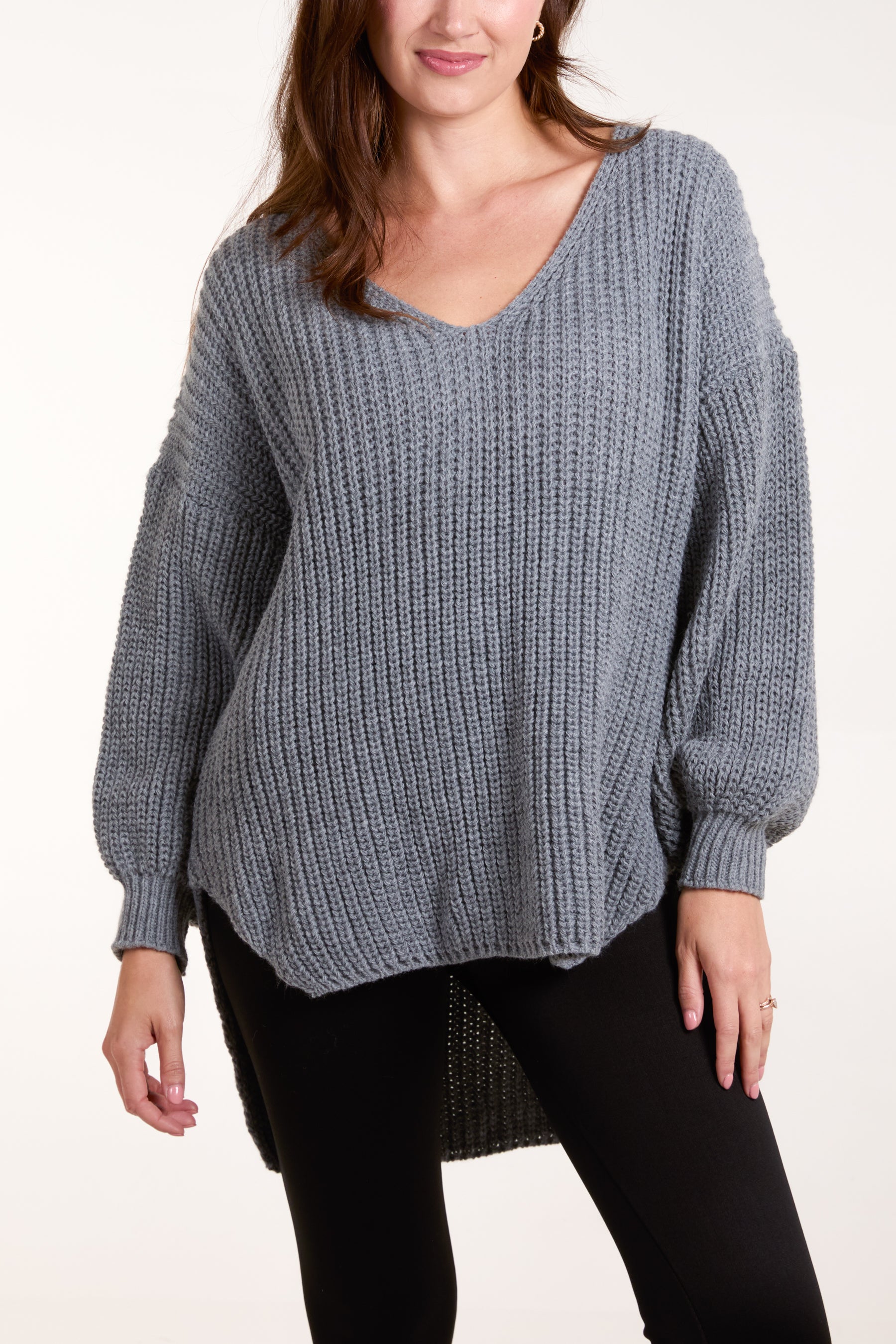 Oversized V-Neck Chunky Knit Dip Hem Jumper