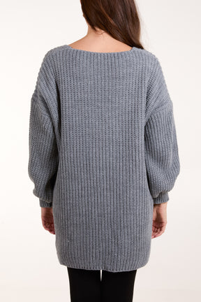 Oversized V-Neck Chunky Knit Dip Hem Jumper