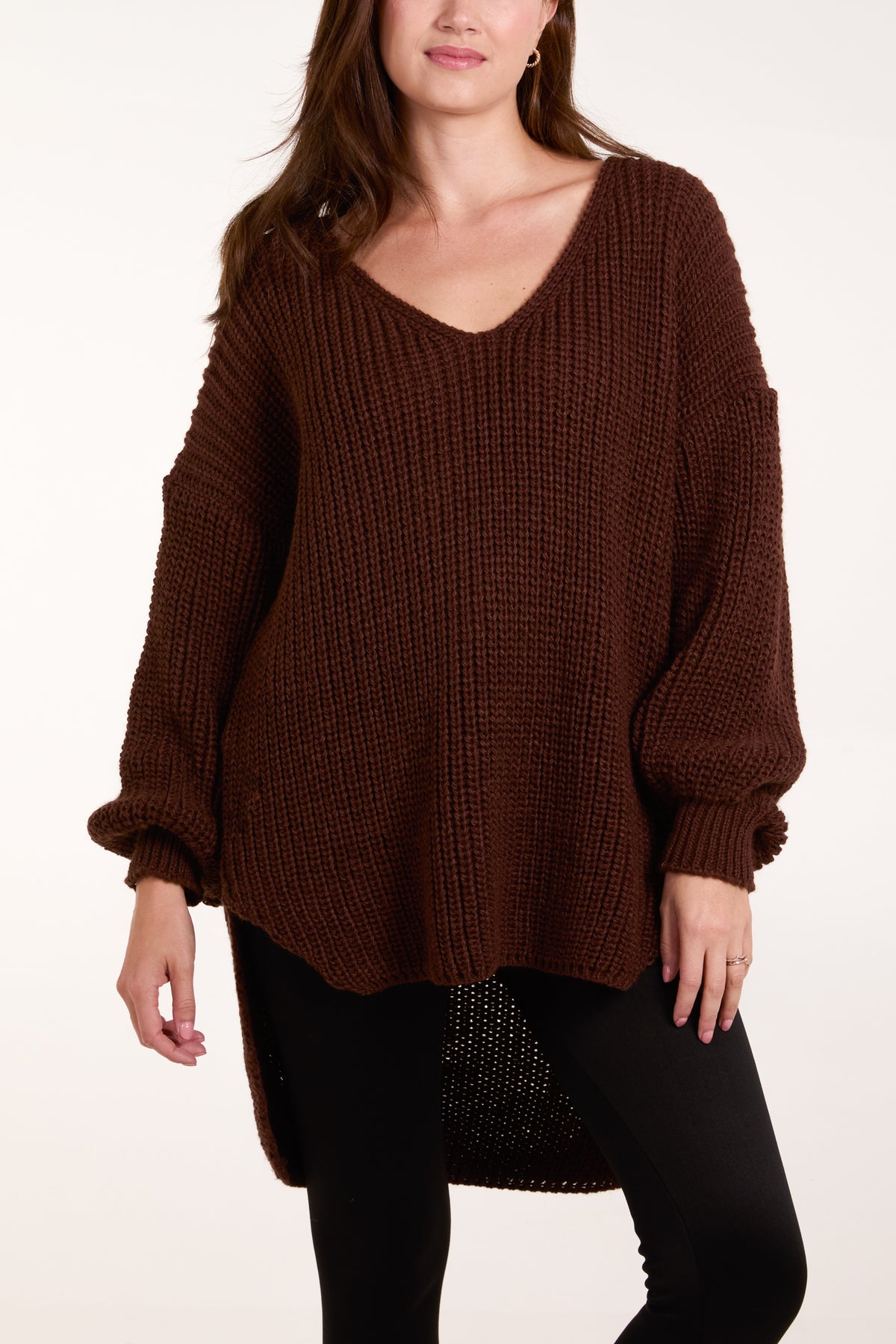 Oversized V-Neck Chunky Knit Dip Hem Jumper