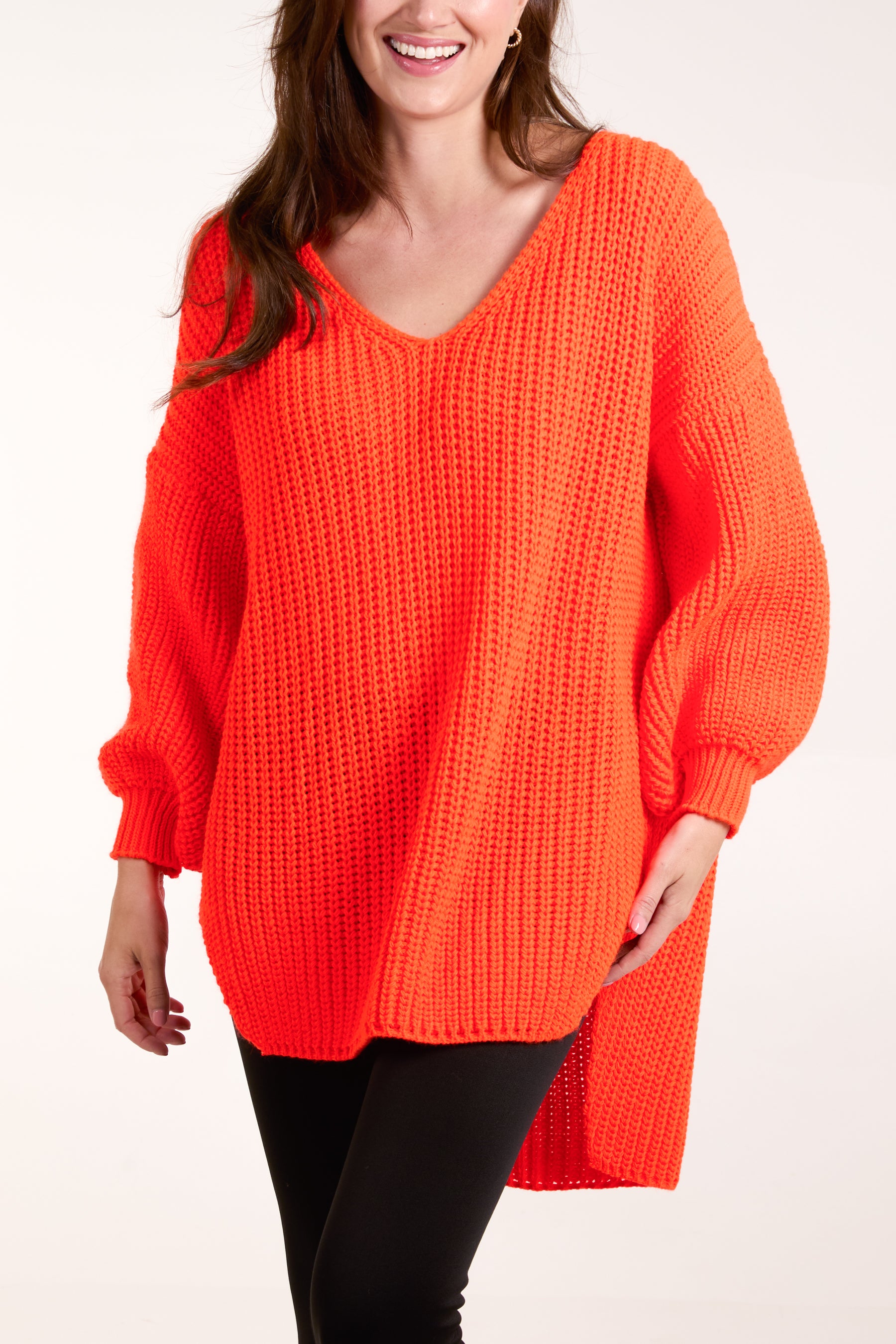 Oversized V-Neck Chunky Knit Dip Hem Jumper