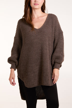 Oversized V-Neck Chunky Knit Dip Hem Jumper