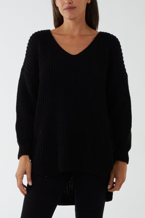 Oversized V-Neck Chunky Knit Dip Hem Jumper