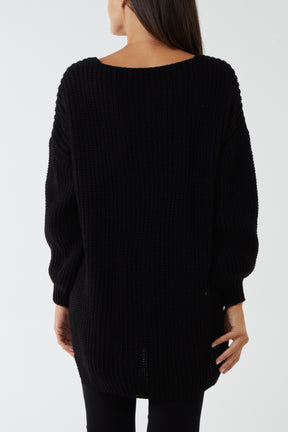 Oversized V-Neck Chunky Knit Dip Hem Jumper