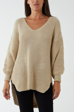 Oversized V-Neck Chunky Knit Dip Hem Jumper