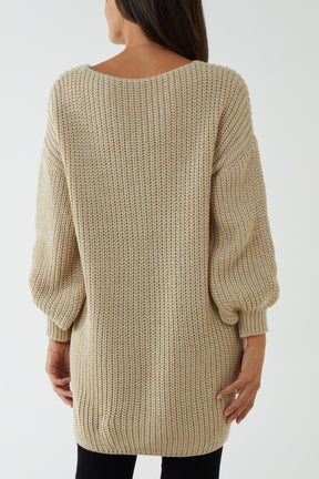 Oversized V-Neck Chunky Knit Dip Hem Jumper