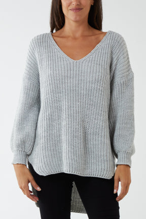 Oversized V-Neck Chunky Knit Dip Hem Jumper