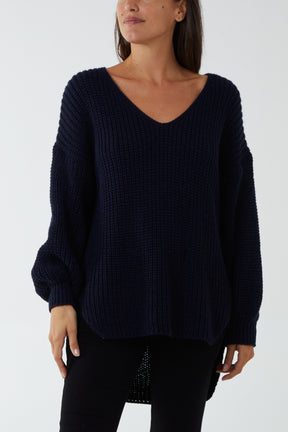 Oversized V-Neck Chunky Knit Dip Hem Jumper