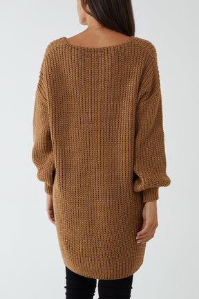 Oversized V-Neck Chunky Knit Dip Hem Jumper