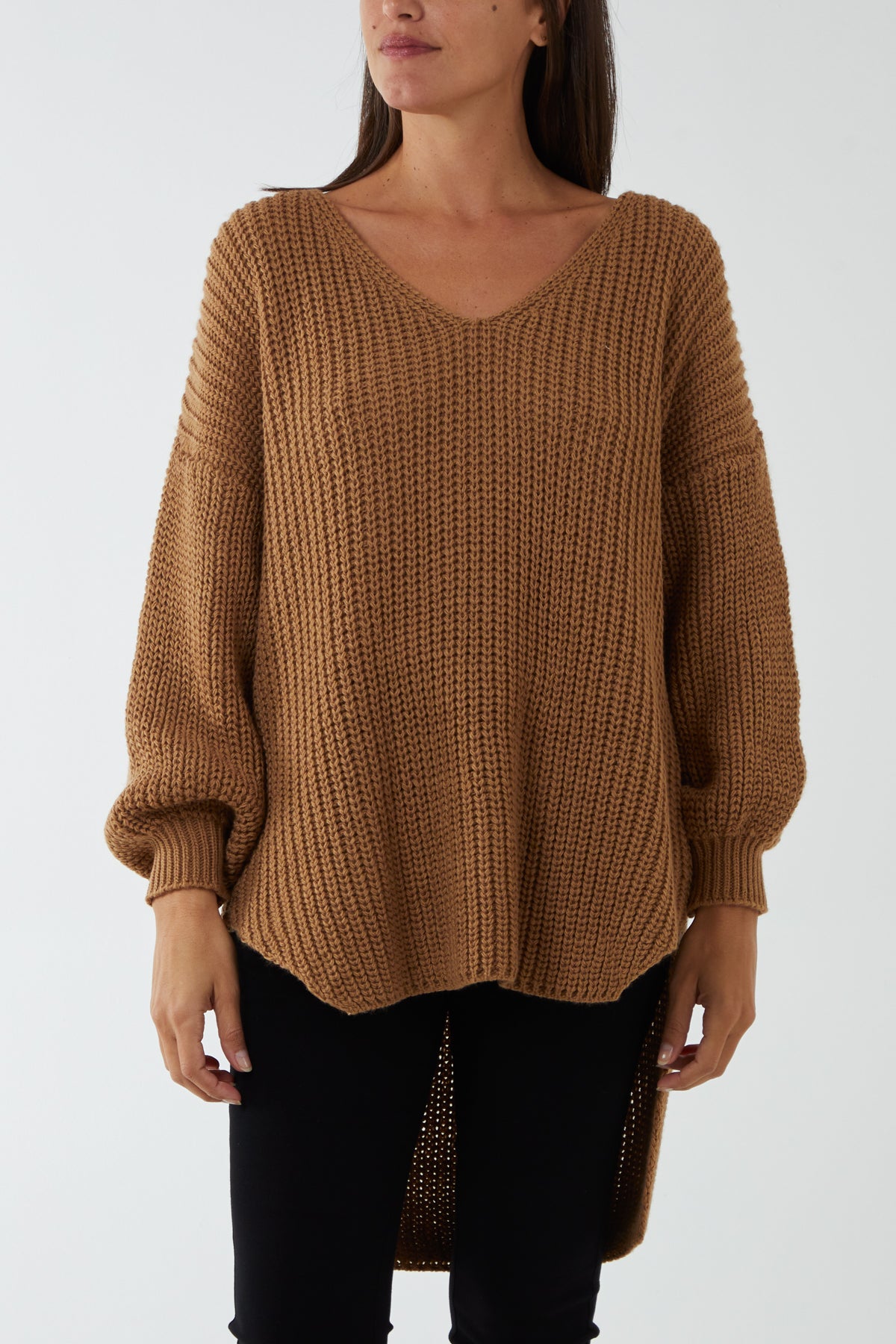 Oversized V-Neck Chunky Knit Dip Hem Jumper