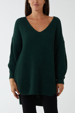 Oversized V-Neck Chunky Knit Dip Hem Jumper