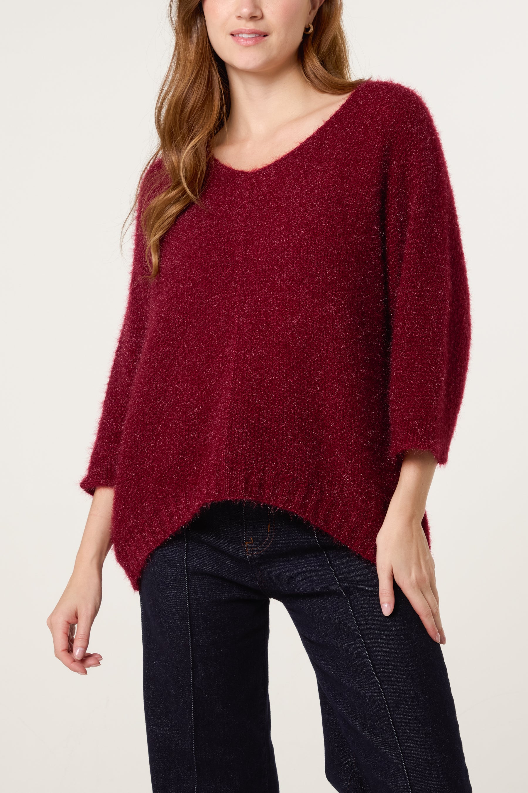Fluffy V-Neck Exposed Seams Jumper