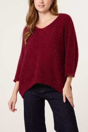 Fluffy V-Neck Exposed Seams Jumper