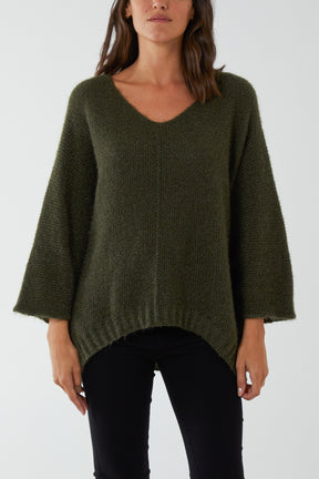 Fluffy V-Neck Exposed Seams Jumper