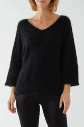 Fluffy V-Neck Exposed Seams Jumper