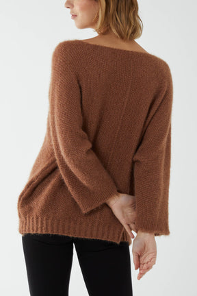 Fluffy V-Neck Exposed Seams Jumper