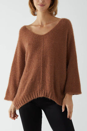 Fluffy V-Neck Exposed Seams Jumper