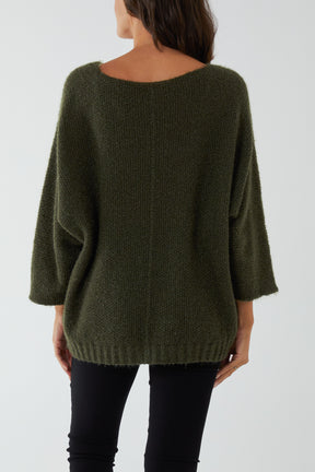 Fluffy V-Neck Exposed Seams Jumper