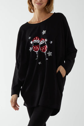 Sequin Wine Glass Festive Jumper