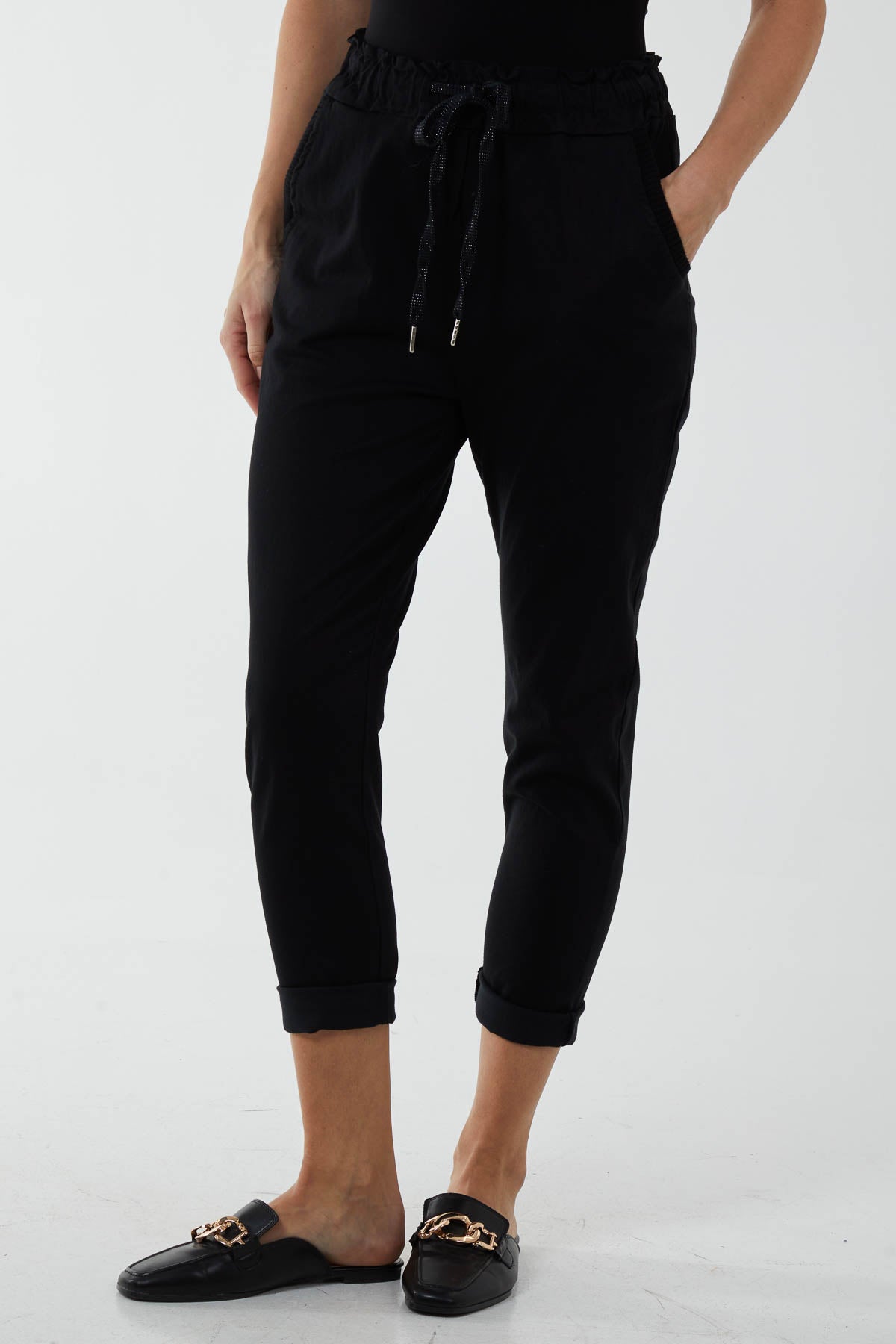 Glitter Drawstring Pocket Panel Trousers