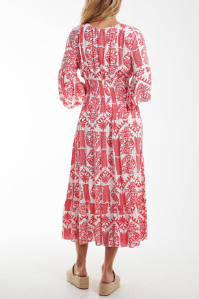Baroque Floral Shirred Midi Dress