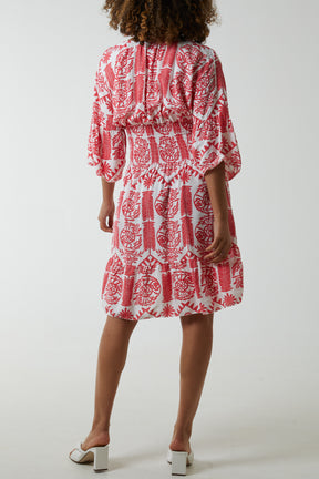 Damask Floral Shirred Bodice Dress