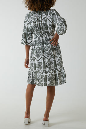 Damask Floral Shirred Bodice Dress