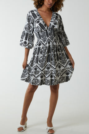 Damask Floral Shirred Bodice Dress