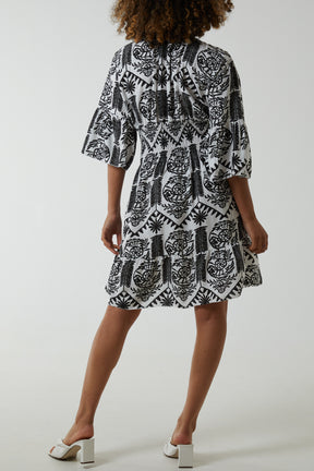 Damask Floral Shirred Bodice Dress