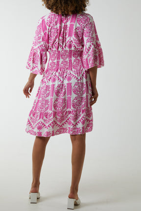 Damask Floral Shirred Bodice Dress