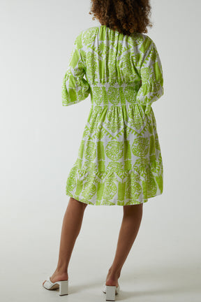 Damask Floral Shirred Bodice Dress
