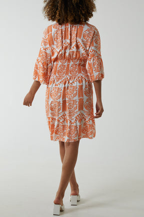 Damask Floral Shirred Bodice Dress