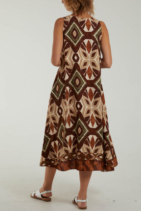 Tribal V-Neck Pocket Midi Dress