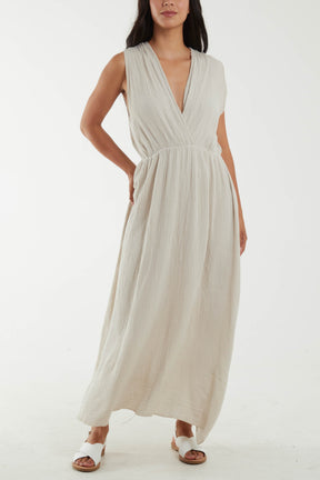 Double V-Neck Cheesecloth Maxi Dress