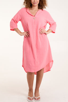 Front Button Long Sleeve Midi Dress