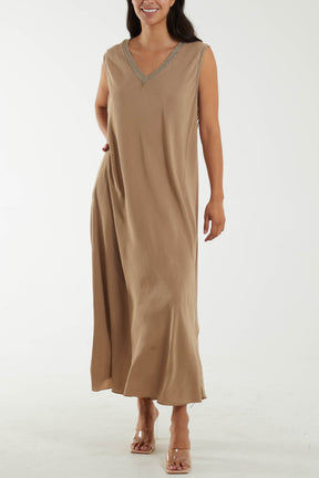 Lurex Trim V-Neck A-Line Maxi Dress