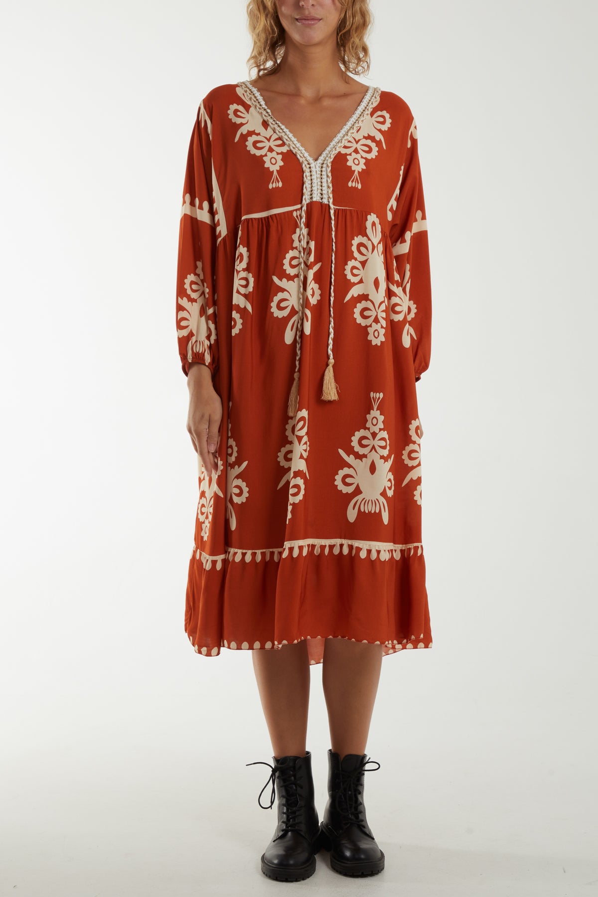 Metallic Trim Tassels Printed Dress