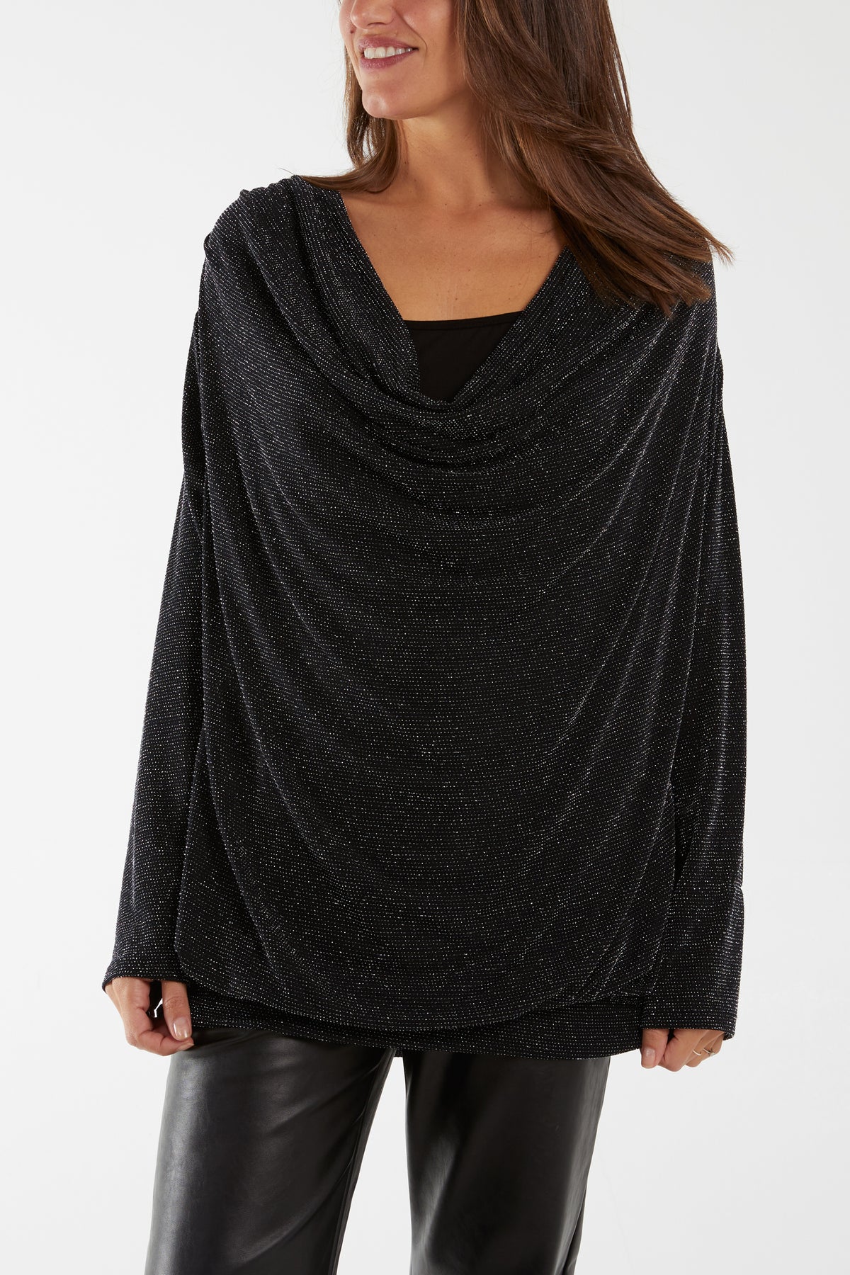 Glitzy Draped Cowl Neck Top
