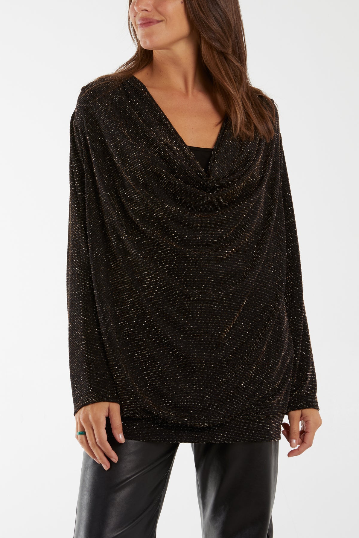 Glitzy Draped Cowl Neck Top